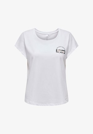 Weißes kurzärmeliges Baumwoll-T-Shirt mit Rundhalsausschnitt, mit einem mehrfarbigen Grafikdruck auf der linken Brust und einer lockeren Passform.