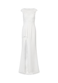 White evening dress with a floral lace bodice, short cap sleeves, and a side slit. Flowing fabric, elegant silhouette, and soft texture.