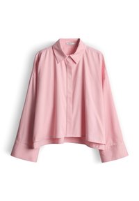 Pink, long-sleeve collared shirt with a relaxed fit and a slightly cropped hem, made from a smooth, lightweight fabric.