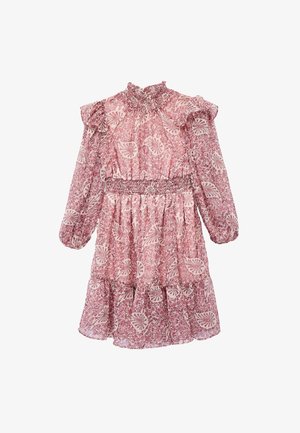 Vestido de estampado floral en tonos de rosa, con un cuello alto plisado, mangas largas, cintura fruncida y un dobladillo en capas. Tejido ligero.