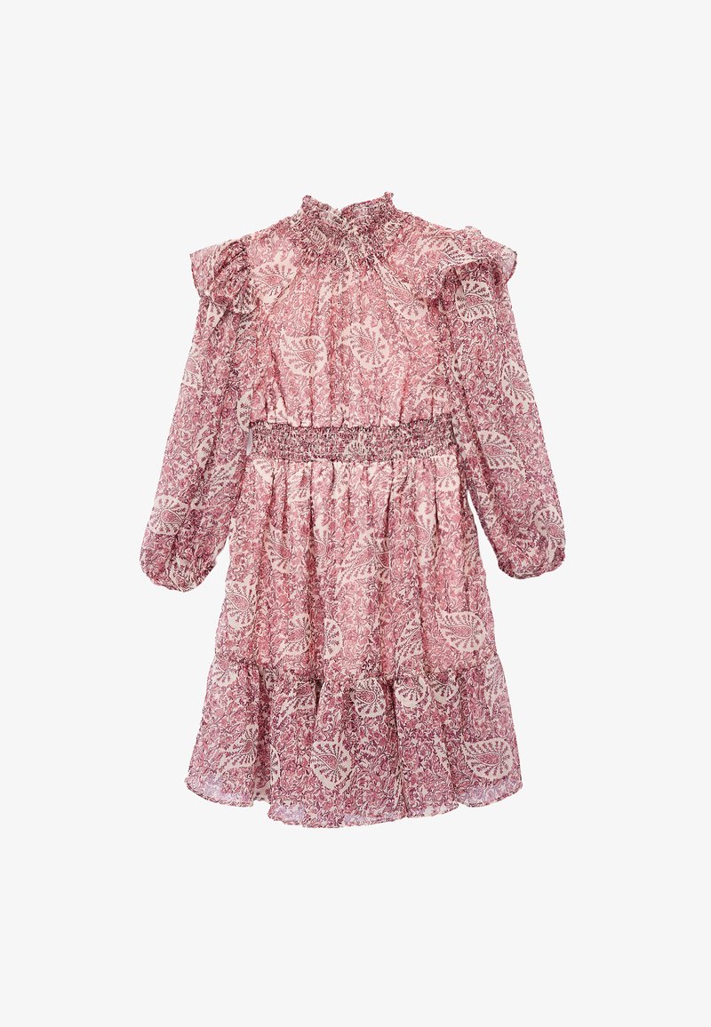 Bloemenprint jurk in tinten roze, met een geplooide hoge halslijn, lange mouwen, een geshirt taille en een gelaagde zoom. Lichtgewicht stof.