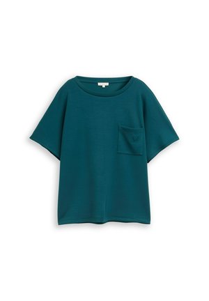 Türkisfarbenes, kurzärmeliges T-Shirt mit lockerem Schnitt, Rundhalsausschnitt und kleiner Brusttasche, bestickt mit einer dezenten Herzform.