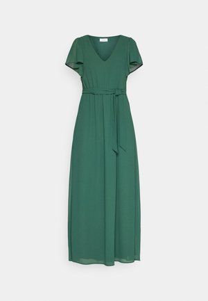 Green, long maxi dress with short flutter sleeves, V-neckline, fitted waist, and a matching fabric belt tied at the waist. Smooth texture.