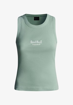 Top de tirantes verde claro con textura acanalada y escote redondo. Presenta "Red Bull Racing" bordado en blanco en el frente.