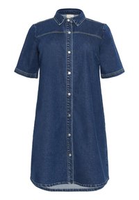 Robe chemise en denim à manches courtes, avec un devant à boutons, un col traditionnel et des coutures contrastées. La couleur est bleu profond avec une coupe décontractée.