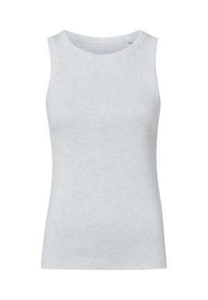 Hellgraues ärmelloses Tanktop mit rundem Ausschnitt aus weichem, einfarbigem Stoff, dargestellt vor weißem Hintergrund.