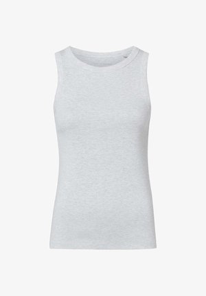 Hellgraues ärmelloses Tanktop mit rundem Ausschnitt aus weichem, einfarbigem Stoff, dargestellt vor weißem Hintergrund.