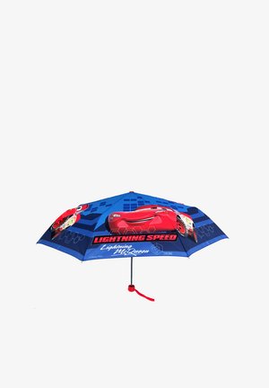 Blauwe paraplu met een Lightning McQueen ontwerp, met rode en gele accenten. De tekst luidt "LICHTSNELHEID" en "Lightning McQueen."