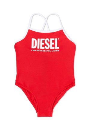 Costume intero rosso con spalline bianche incrociate e scritta bianca "DIESEL FOR SUCCESSFUL LIVING" centrata sul petto.