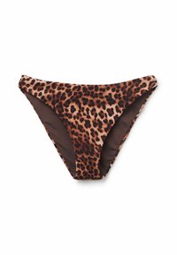 Bikini-bottom i djurmönster med ett texturerat tyg med ett brunt och svart leopardmönster, med en slät, solid brun foder.