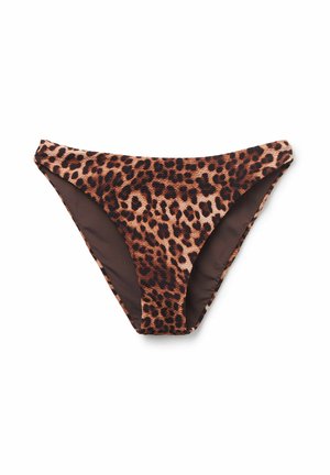 Bikini-Höschen im Tierdruck mit einem strukturierten Stoff in einem braun-schwarzen Leopardenmuster, mit einem glatten, einfarbigen braunen Futter.