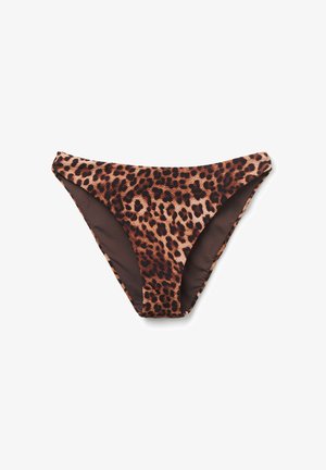 Bikini-Höschen im Tierdruck mit einem strukturierten Stoff in einem braun-schwarzen Leopardenmuster, mit einem glatten, einfarbigen braunen Futter.