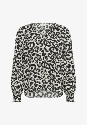 Leopardenmuster Bluse in Creme und Schwarz, mit V-Ausschnitt, langen Ärmeln mit gerafften Manschetten und einer lockeren Passform. Leichtes Material.