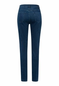 Jeans in denim blu scuro con vestibilità slim, dotati di vita standard, due tasche posteriori e una finitura liscia, leggermente tessurizzata.