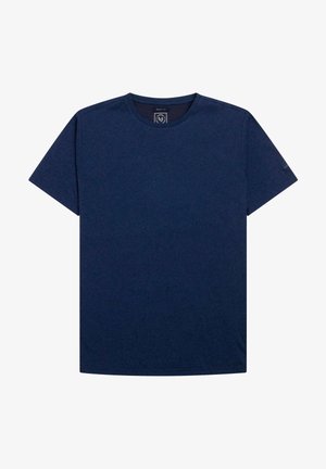 Navy blue short-sleeve t-shirt with a round neckline, made from soft material; features a tag at the collar and subtle stitching detail on sleeves.
