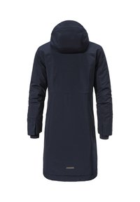 Marineblauer langer Mantel mit Kapuze, hergestellt aus wasserabweisendem Material. Verfügt über einen geraden Schnitt, lange Ärmel und ein reflektierendes Detail am Saum.