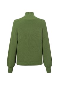 Grüner gerippter Pullover mit hohem Kragen und oversized Schnitt. Die Textur ist weich, mit Ballonärmel und einem taillierten Saum.