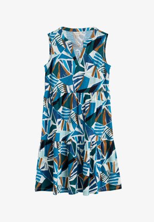 Abito senza maniche con scollatura a V, realizzato in tessuto morbido con un motivo astratto geometrico blu, verde e marrone e una gonna svasata.