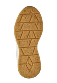 Skechers schoenenzool met een diamantpatroon in lichtbruine rubber, geperst logo en driehoekige grip voor traction.