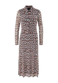 Robe à manches longues en tissu léger avec un motif ondulé dans des tons blanc, noir et rouille, dotée d'un col et d'une fermeture à boutons.
