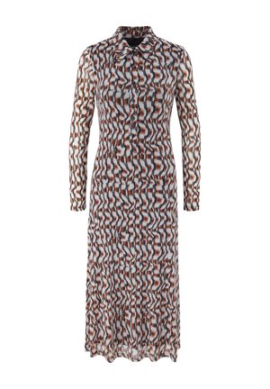 Długa, wzorzysta sukienka w faliste linie w kolorze czarnym, białym i rdzawego. Wykonana z lekkiego materiału z kołnierzykiem i zapinana na guziki z przodu.