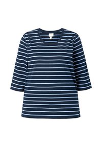 T-paita tummansinisellä pohjalla ja vaaleansinisillä vaakaraitoja, pyöreä kaula-aukko ja kolmivartiset hihat. Valmistettu pehmeästä, hengittävästä kankaasta.