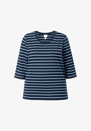 T-shirt bleu marine avec des rayures horizontales bleu clair, col rond et manches trois-quarts. Fabriqué en tissu doux et respirant.