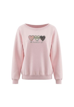 Lyserød langærmet sweatshirt med tre stribede hjerte-designs og teksten "Practice for life" på brystet.