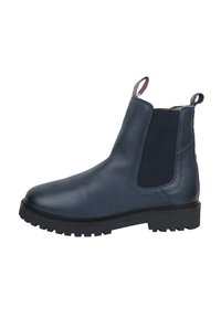 Bottines Chelsea en cuir bleu marine avec panneaux élastiques sur les côtés, bout rond et semelle en caoutchouc texturé. Comprend une languette pour un enfilage facile.