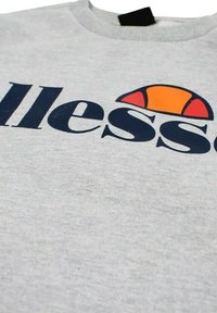 Sweat-shirt gris avec un logo rond orange et rouge et un texte bleu marine en gras indiquant « ellesse ». Doté d'un col rond et d'une texture de tissu douce.