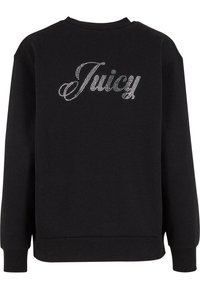 Črna majica s dolgimi rokavi in okroglim izrezom, na hrbtni strani ima logo "Juicy" iz srebrnih kamnov. Mehka tekstura tkanine.