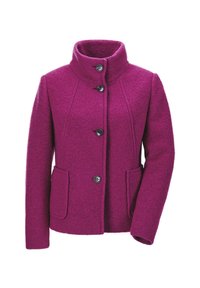 Fuchsiaschwarzer Wollmantel mit hohem Kragen, vier schwarzen Knöpfen, zwei Fronttaschen und strukturierter Oberfläche. Taillierte Passform, mittellanges Design.