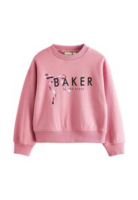 Sweatshirt cropped rosa con polsini e orlo a coste, caratterizzato da una scritta nera "BAKER" e una grafica a nastri multicolori sul davanti.