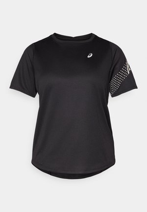 Zwarte sport T-shirt, korte mouwen, ronde halslijn, met een gestructureerde stof en stippenaccenten op de rechtermouw. Logo op de borst.