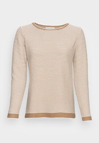 Maglione a maniche lunghe a righe in beige e bianco, con scollatura a girocollo e orlo a costine, caratterizzato da una texture liscia.