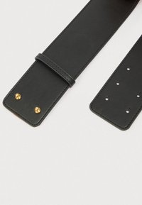 Άκρα μαύρης δερμάτινης ζώνης, το ένα με δύο χρυσά κουμπώματα και θηλιά, το άλλο με έξι τρύπες ρύθμισης σε φωτεινό φόντο.