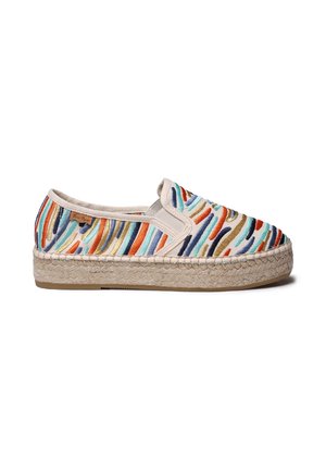 Espadrille à enfiler avec semelle en jute tressé et broderie abstraite colorée en tons de bleu, orange, beige et marron sur dessus en tissu.