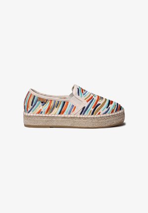 Espadrilla slip-on con suola intrecciata in juta e ricamo astratto colorato in tonalità di blu, arancione, beige e marrone sulla tomaia in tessuto.