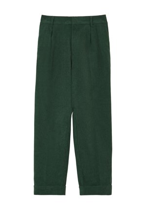 Pantaloni in corduroy verde con taglio dritto, dotati di due pieghe frontali, orli arrotolati e una superficie a costine testurizzata.