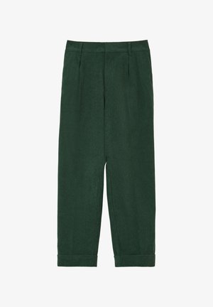 Green corduroy trousers with a straight cut, featuring two front pleats, rolled cuffs, and a textured ribbed surface.