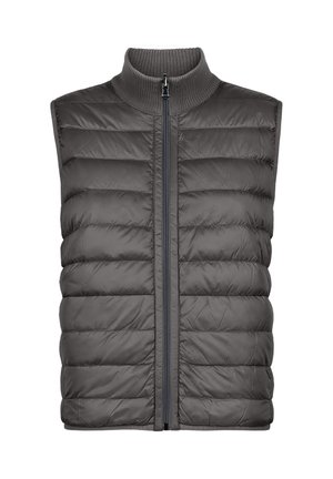 Gray insulated vest with a high collar, zippered front, and quilted pattern, featuring lightweight fabric and a smooth texture.