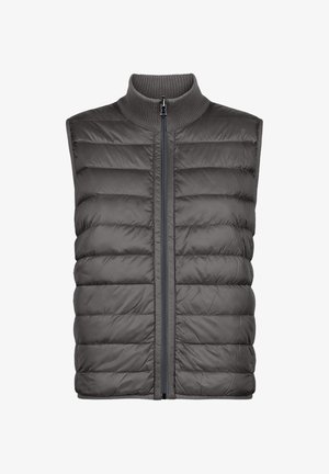 Grå isolerad väst med hög krage, dragkedja fram och quiltat mönster, i lätt tyg med en slät yta.