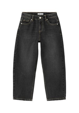 Jean noir taille haute à jambes droites, cinq poches, fermeture par bouton et surpiqûres jaunes visibles sur fond blanc.