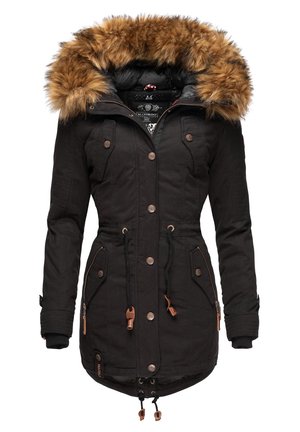 Svart parka-jakke med hette foret med pels, med knappefester, snøring i midjen, flere lommer og brune detaljer.