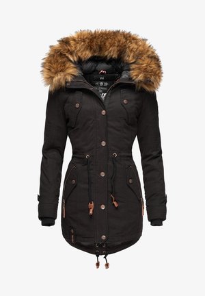 Svart parka-jakke med hette foret med pels, med knappefester, snøring i midjen, flere lommer og brune detaljer.