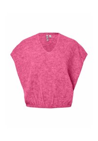 Gilet en tricot sans manches rose avec col en V et ceinture élastique, fabriqué en tissu doux texturé.