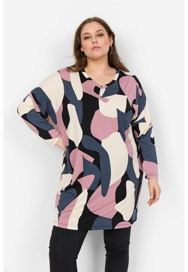 Tunică cu mânecă lungă, cu decolteu în V, fabricată dintr-un material moale, având un model abstract îndrăzneț în nuanțe de roz, bleumarin, negru și crem.