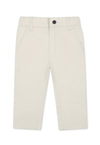 Pantaloni di cotone beige a taglio dritto, dotati di tasche frontali, chiusura con bottone e cuciture ton sur ton.