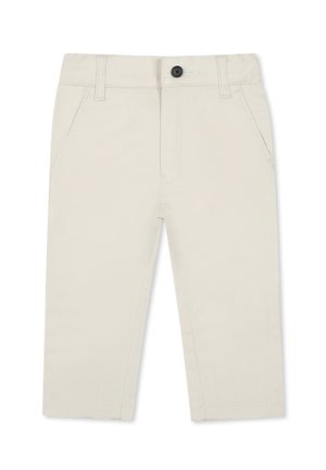 Pantaloni di cotone beige a taglio dritto, dotati di tasche frontali, chiusura con bottone e cuciture ton sur ton.