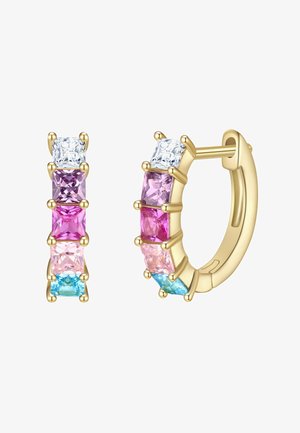 Cercei din aur în formă de cerc, cu un rând de cinci pietre semiprețioase tăiate pătrat în nuanțe de roz, violet și albastru, cu montură în prong și finisaj lucios.